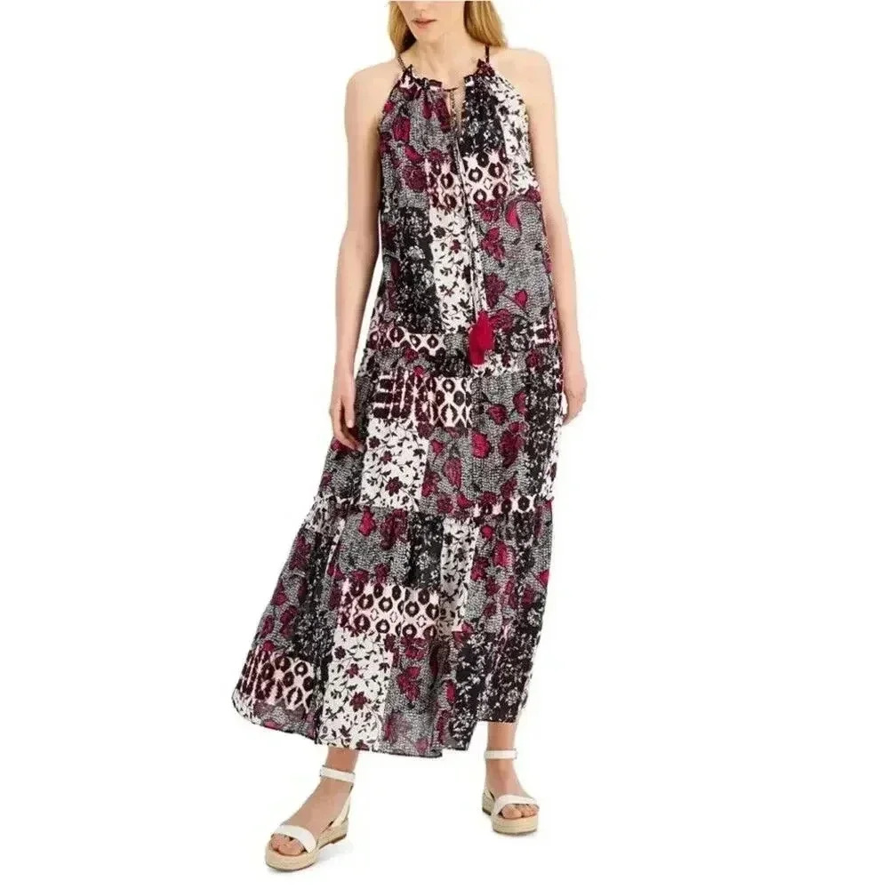 Inc Women's Tiered Halter Neck Patchwork Maxi Boho Bohemian Sun Dress‎